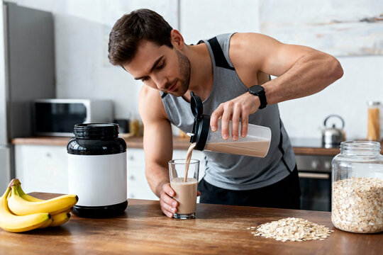 Athletic man making post workout protein shake with banana, oats, and whey powder in bright kitchen, fitness nutrition and muscle recovery concept