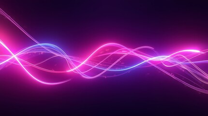 Abstract image of intertwined, glowing pink and blue light trails against a dark background.