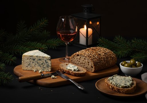 Appetizer arrangement featuring blue cheese, rustic bread, wine, and olives illuminated by candlelight