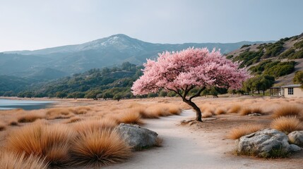 A single blooming pink tree stands vibrantly on a winding dirt path in a serene natural landscape with dry golden grass and rolling hills under a clear blue sky