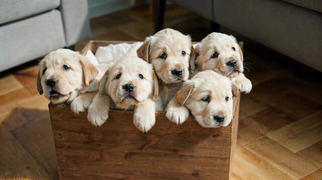 Several cute puppies in wooden boxes Little golden retriever puppies in wooden boxes