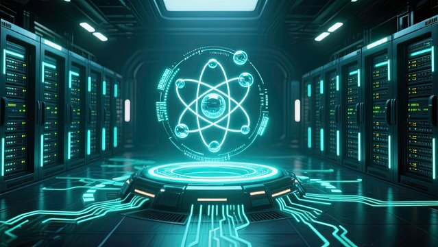 Futuristic data center with glowing neon lights servers aligned in rows and a holographic atomic structure