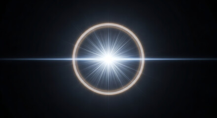 A bright white light with radiating beams surrounded by a glowing ring on a dark background space scene ai generated