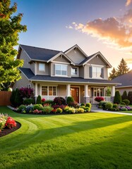 Suburban Home with Lush Lawn and Sunset Sky.