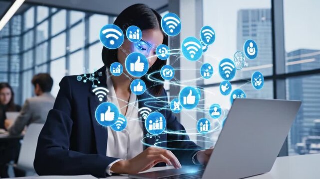 71_Beautiful Short Haired Project Manager Working on Computer in Office Augmented Reality Social Media Icons Appear From Workers Laptop Internet of Things Connectivity and Online Concept_4K 58977735 1 - Powered by Adobe