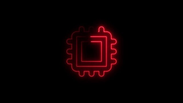 Red Neon CPU Chip Icon on Black Background processor