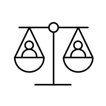 A line icon of scales with male and female symbols, representing gender equality, fairness and balance