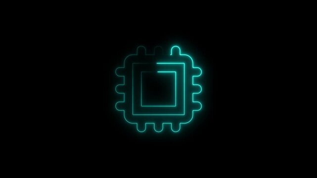 Cyan Neon CPU Chip Icon on Black Background processor