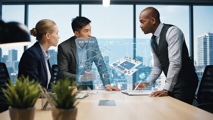Holographic solar dashboard business meeting renewable energy financial analysis with diverse corporate team modern office skyline view collaboration - Powered by Adobe
