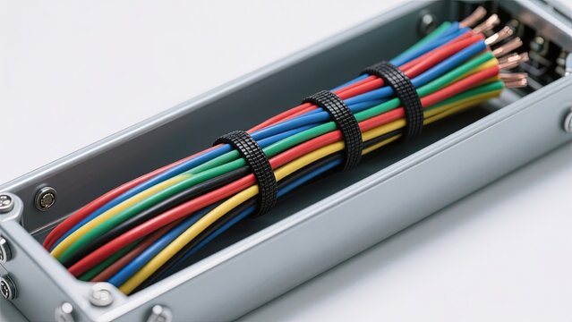 A neatly organized bundle of colorful electrical cables secured with black ties inside a metallic cable tray.