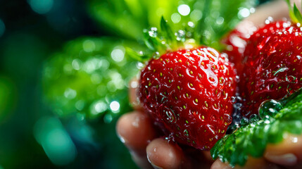 Juicy strawberries held in hand with glistening water drops, symbolizing freshness, nature, and healthy eating