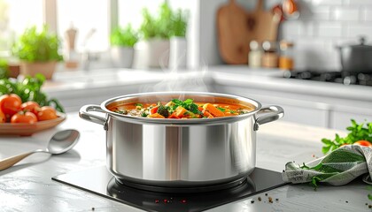 Steaming Vegetable Soup in Stainless Steel Pot on Electric Stove in Bright Kitchen