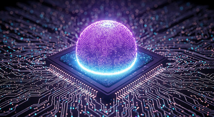 Glowing sphere on a microchip with intricate circuit patterns and vibrant purple and blue hues around it ai generated