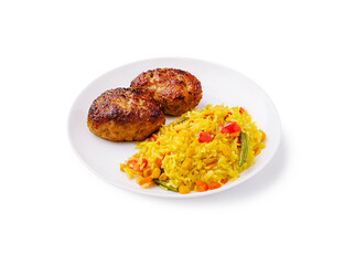 Delicious fried patties served with colorful rice on a white plate