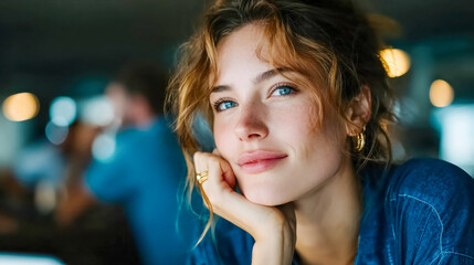 Fototapeta premium Close-up portrait of a confident young woman with natural beauty and blue eyes, smiling softly in warm indoor lighting