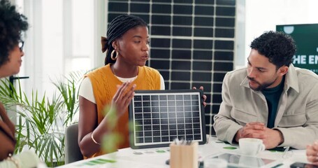 Solar panel, business people and discussion in office meeting, sustainability or ESG analysis. Photovoltaic cell, team and talk in startup for briefing, clean energy metrics or eco friendly project - Powered by Adobe