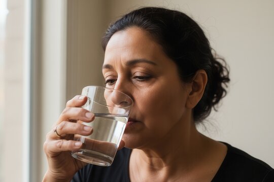 Mature woman drinking a glass of water to stay hydrated. Healthy lifestyle, wellness, and menopause concept