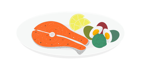 Seasoned Salmon Steak Lemon Slices Halves Hard Boiled Egg Salad Leaves and Brussels Sprouts on Plate