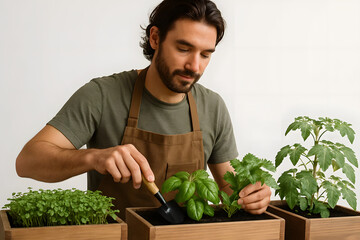 Man gardening and planting herbs indoors in wooden boxes
