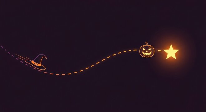 A whimsical Halloween-themed illustration featuring a witch's hat, a jack lantern, and a glowing star connected by a dotted line. - Powered by Adobe