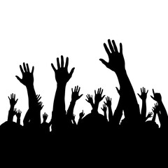 Many white outline hands, raised in a crowd against a dark background, isolated on white or transparent background. PNG