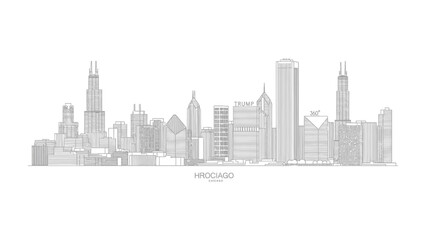 Fototapeta premium Cityscape Silhouette: A minimalist, line-art portrayal of a cityscape, featuring iconic buildings, embodies architectural brilliance and urban dynamics.