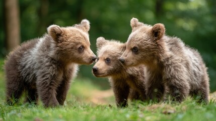 Obraz premium In a vibrant green forest, three adorable baby bears engage in playful antics. They tumble and chase each other, radiating joy and curiosity in their natural habitat