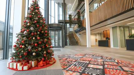 Festive Christmas tree in a modern office lobby, decorated with red and gold ornaments, surrounded by gifts, in a building with glass windows.