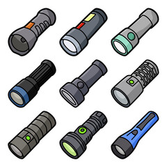collection of colorful handheld flashlights camping tools