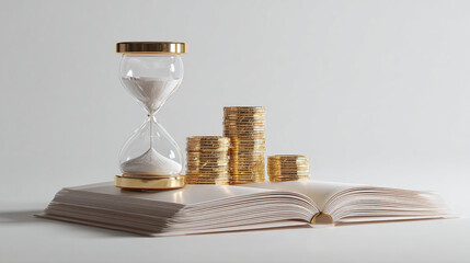 A poignant image of time and money. A classic hourglass atop an open book, with stacks of golden coins emphasizing the value of time and knowledge.