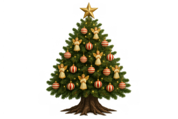 Christmas tree decorated with golden star, festive ornaments, angels, and glowing lights, transparent background