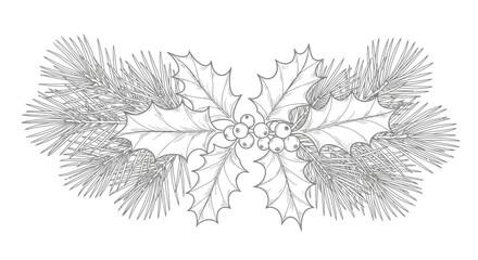 A monochrome sketch of a Christmas arrangement featuring holly leaves, berries, and pine branches.