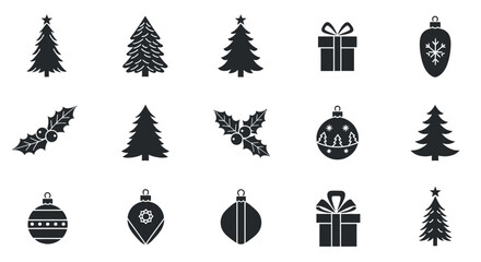 Collection of Christmas themed icons, including trees, ornaments, holly, and gifts, presented in a simple black silhouette style.