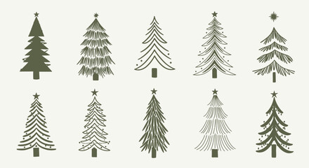 Collection of ten stylized Christmas tree illustrations with stars, arranged in two rows on a light background.