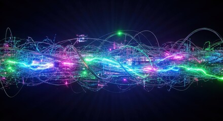 Abstract digital art depicting interconnected lines and glowing energy streams, vibrant colors.