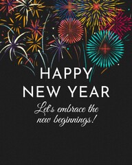 Beautiful 4K Happy New Year for All Design with Fireworks, Gold Text, Balloons, and Festive Celebration Background