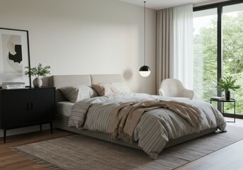Fototapeta premium Minimalist bedroom interior design features neutral tones and natural light filtering through large windows