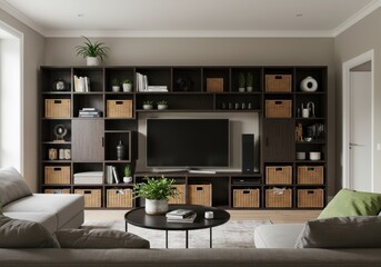 Modern living room features a large dark wood shelving unit filled with storage baskets and decorative items centered around a television screen
