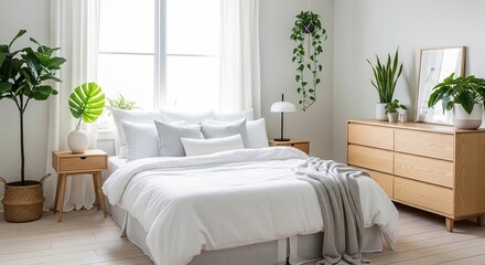 Naklejka premium Bright and Airy Bedroom with Natural Light and Green Plants Decor