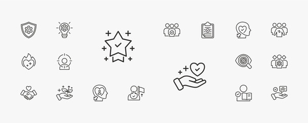 A collection of core values icons suitable for web and mobile application. Set of outline style icons with integrity, innovation, teamwork, excellence, and more icons.