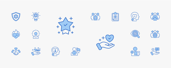 Obraz premium A collection of core values icons suitable for web and mobile application. Set of outline blue style icons with integrity, innovation, teamwork, excellence, and more icons.