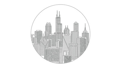 Obraz premium City Skyline in Circle: A stylized city skyline, rendered in clean lines, gracefully contained within a circular frame, showcasing the urban landscape.