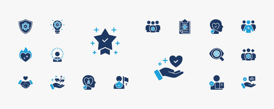 A collection of core values icons suitable for web and mobile application. Set of glyph blue style icons with integrity, innovation, teamwork, excellence, and more icons.