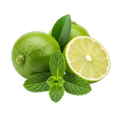 Fresh green limes and mint leaves, with water droplets, isolated on white or transparent background. PNG