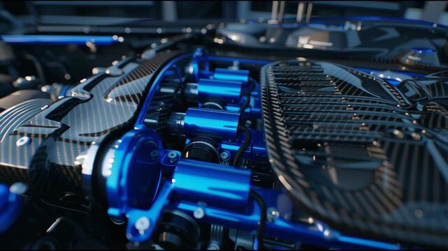 A close up of a car engine with blue and black parts. The engine is made of plastic and has a futuristic look