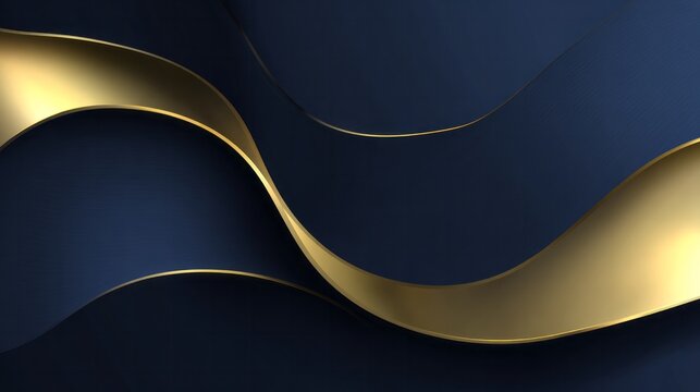 Elegant dark blue and gold abstract wavy ribbons flow across the background