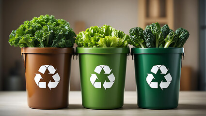 Three recycling bins with different types of lettuce, promoting organic waste management