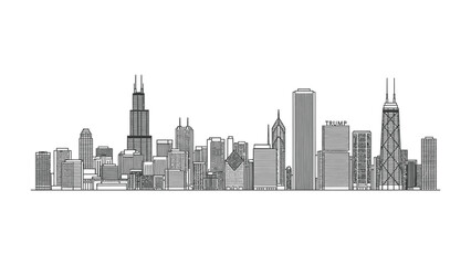 Naklejka premium City Skyline: A captivating urban panorama showcases a meticulously detailed depiction of a city's iconic architecture, highlighting the blend of modern and classic designs. 