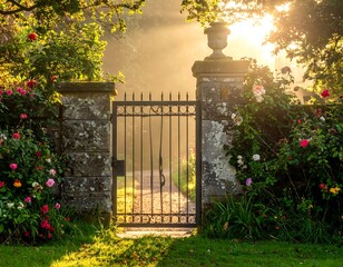 Sunlit Garden Gate - A Path to Serenity and Beauty.