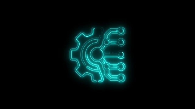 Neon cyan gear and circuit board icon on black background abstract artificial intelligence
